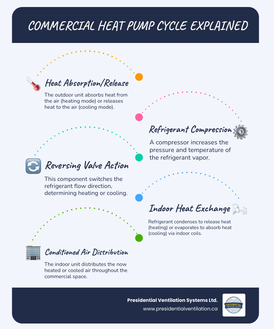 Infographic showing the heating and cooling cycle of a commercial heat pump, including the outdoor unit extracting or releasing heat, refrigerant flow through compressor and coils, reversing valve switching between modes, and indoor unit distributing conditioned air through ductwork to commercial spaces - commercial heat pumps not working in kentville ns infographic infographic-line-5-steps-blues-accent_colors