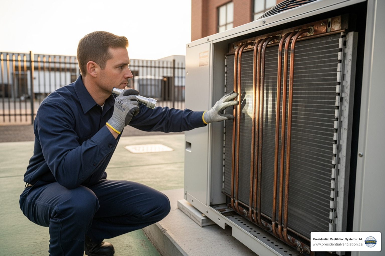 technician inspecting the coils on a commercial heat pump - commercial heat pumps not working in stewiacke ns