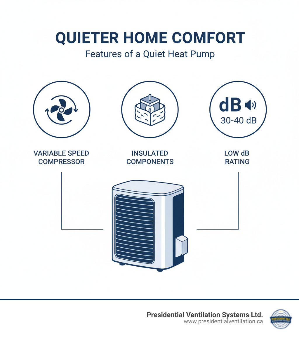infographic showing features of a quiet heat pump, such as variable speed compressor, insulated components, and low dB rating - ducted heat pumps making noise in dartmouth ns infographic  infographic showing features of a quiet heat pump, such as variable speed compressor, insulated components, and low dB rating - ducted heat pumps making noise in dartmouth ns infographic