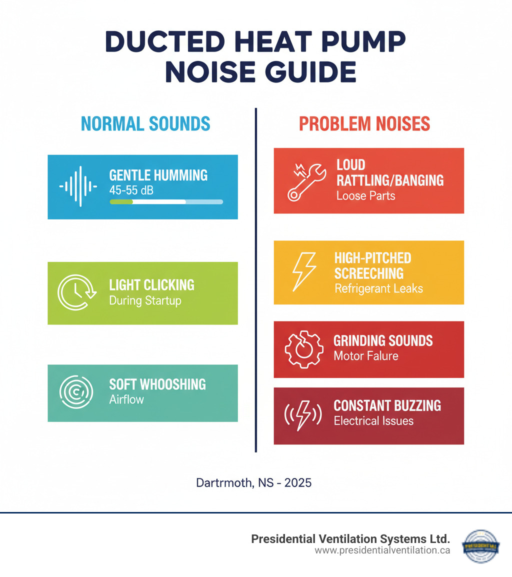infographic showing normal operational sounds (gentle humming 45-55 dB, light clicking during startup, soft whooshing from airflow) versus problem noises requiring attention (loud rattling or banging from loose parts, high-pitched screeching from refrigerant leaks, grinding sounds from motor failure, constant buzzing from electrical issues) - ducted heat pumps making noise in dartmouth ns infographic  infographic showing normal operational sounds (gentle humming 45-55 dB, light clicking during startup, soft whooshing from airflow) versus problem noises requiring attention (loud rattling or banging from loose parts, high-pitched screeching from refrigerant leaks, grinding sounds from motor failure, constant buzzing from electrical issues) - ducted heat pumps making noise in dartmouth ns infographic