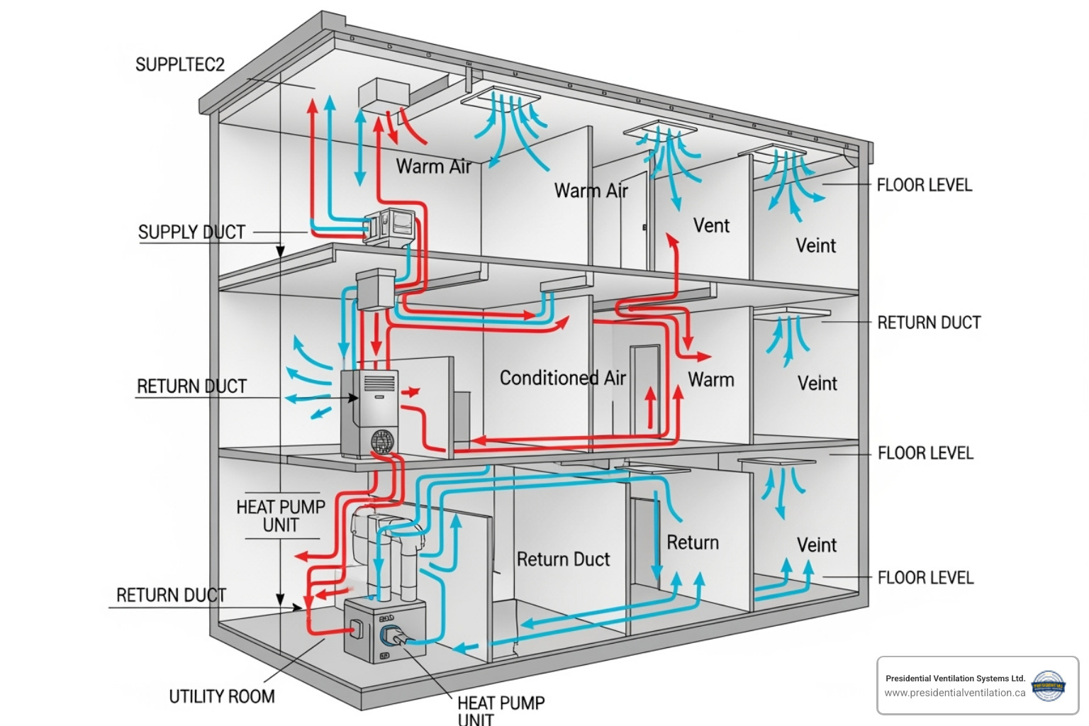 diagram illustrating how a ducted heat pump system distributes conditioned air evenly throughout a multi-story home - best ducted heat pumps company in halifax ns diagram illustrating how a ducted heat pump system distributes conditioned air evenly throughout a multi-story home - best ducted heat pumps company in halifax ns