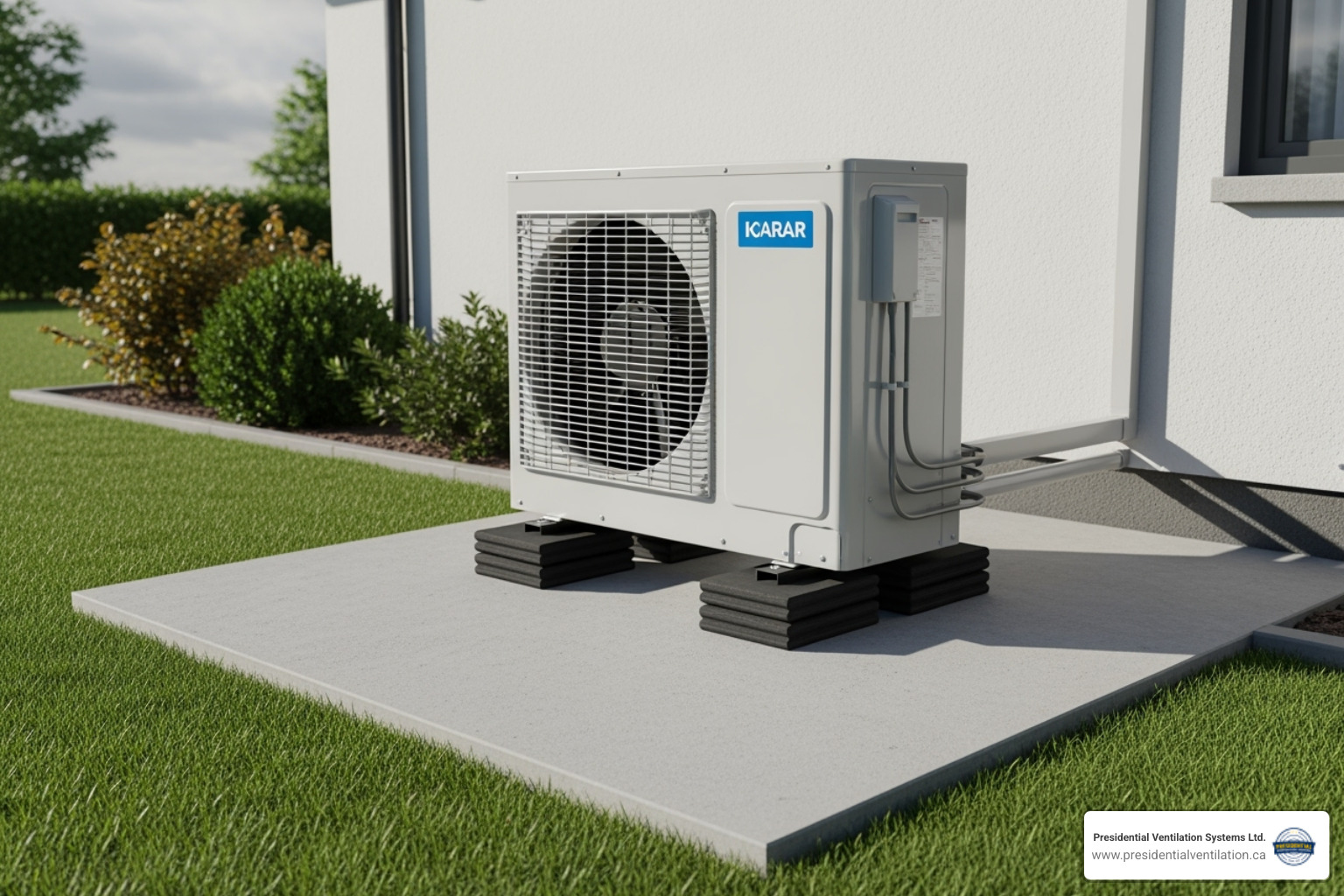 of a properly installed heat pump on a solid base with vibration-dampening pads - ducted heat pumps making noise in truro ns of a properly installed heat pump on a solid base with vibration-dampening pads - ducted heat pumps making noise in truro ns