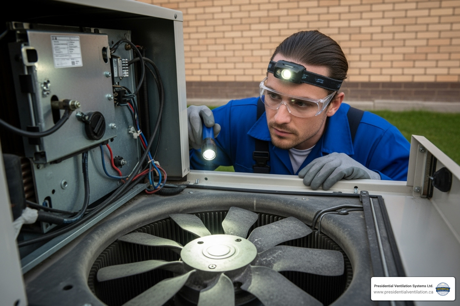 of a technician inspecting the fan inside a heat pump's outdoor unit - ducted heat pumps making noise in truro ns of a technician inspecting the fan inside a heat pump's outdoor unit - ducted heat pumps making noise in truro ns
