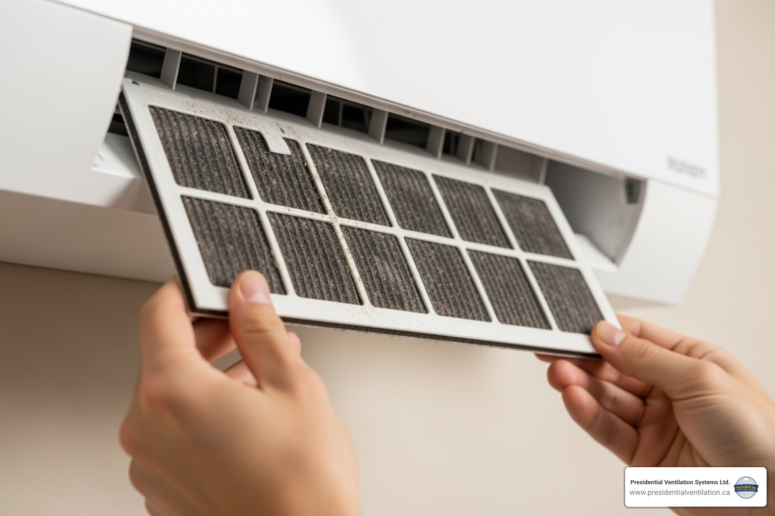 A person easily sliding out and cleaning a ductless heat pump filter - ductless heat pump maintenance in bedford ns