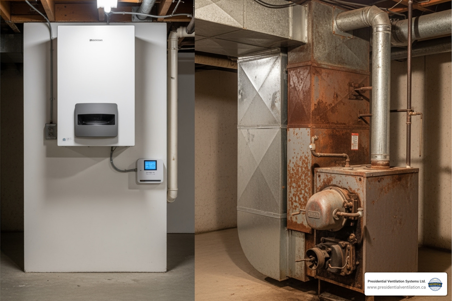Side-by-side comparison graphic showing a ductless unit vs. an old oil furnace - affordable ductless heat pumps service in dartmouth ns