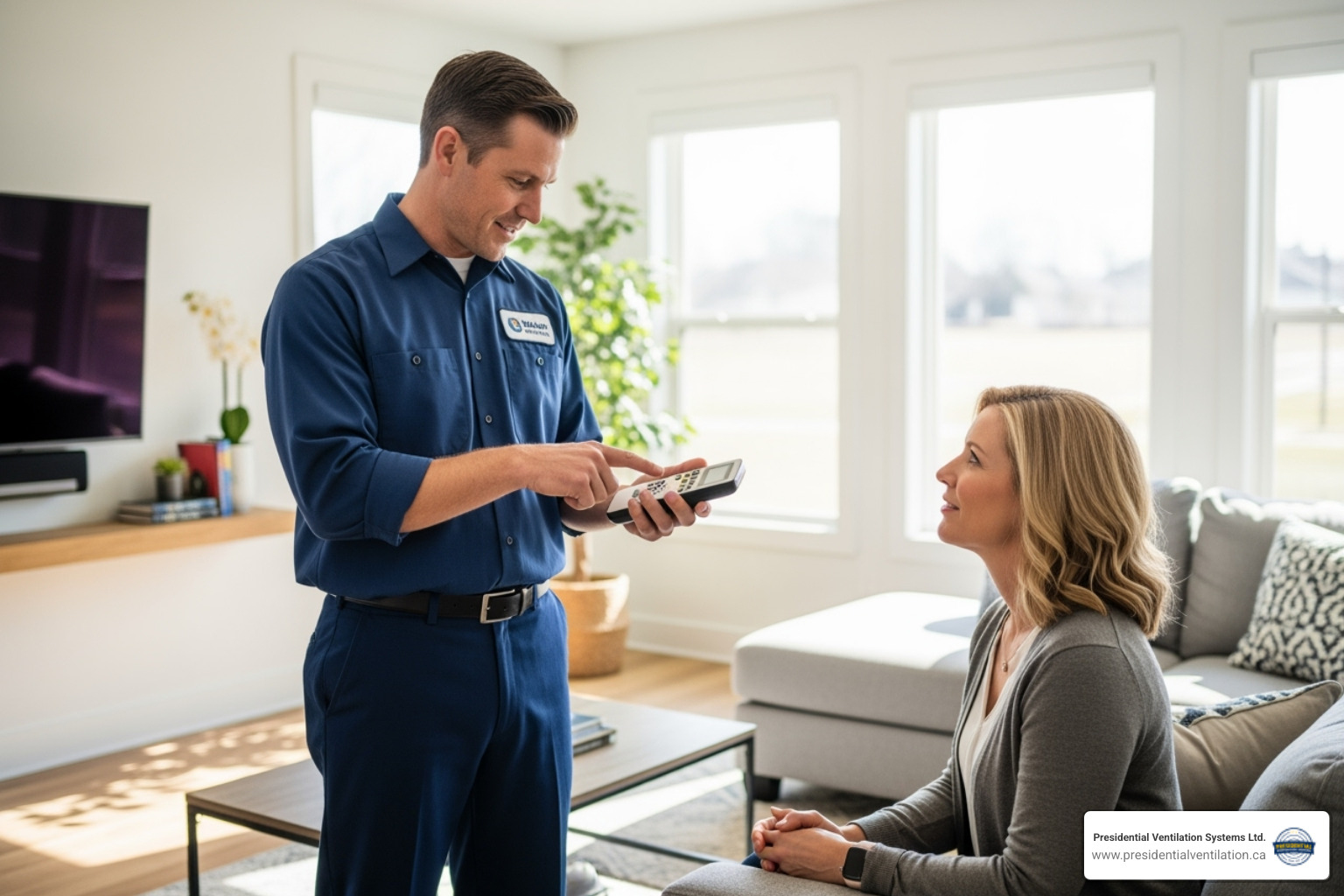 certified technician explaining a remote control to a homeowner - mini split installation in halifax ns certified technician explaining a remote control to a homeowner - mini split installation in halifax ns