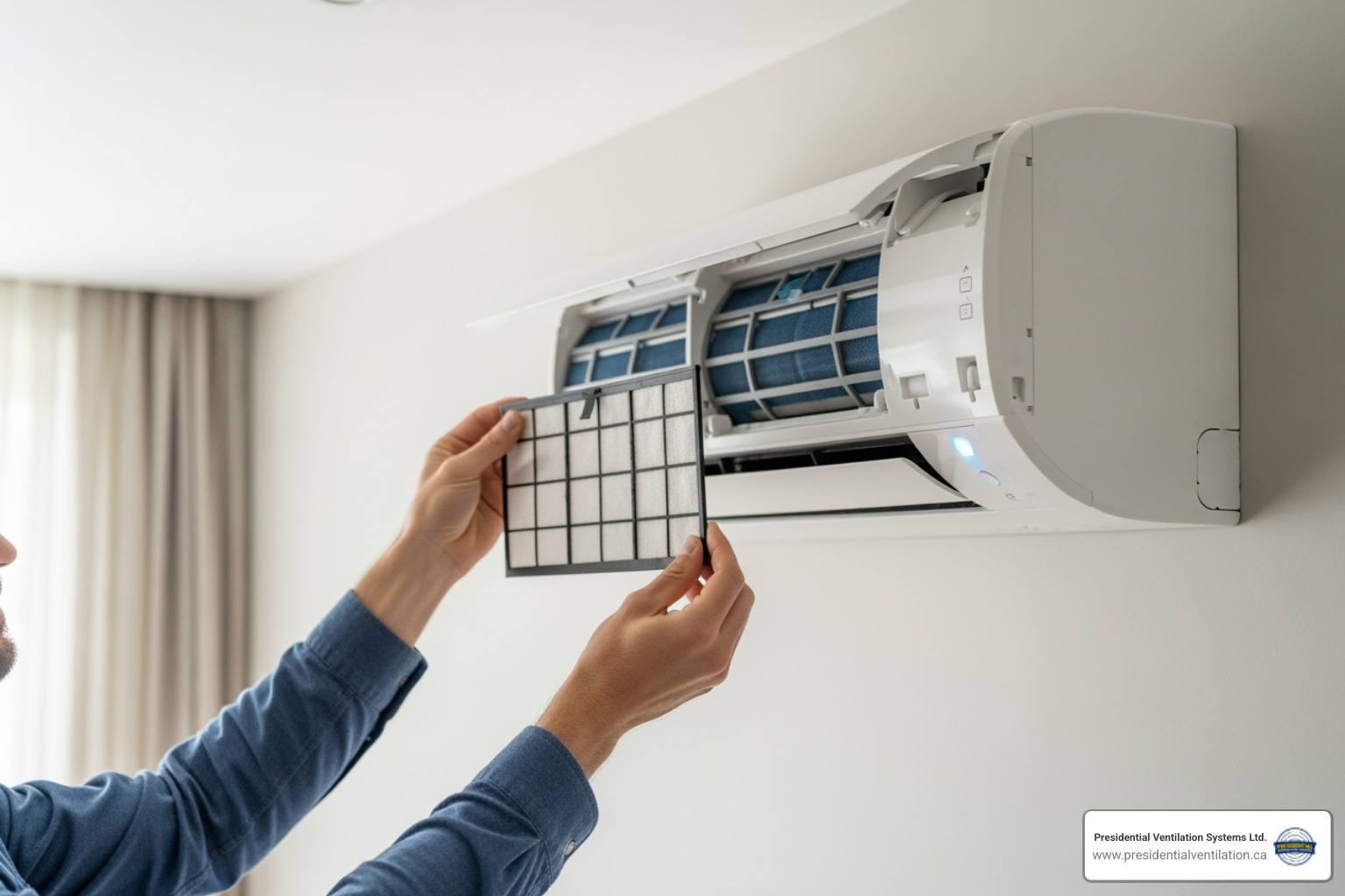 homeowner easily cleaning the filter of an indoor mini split unit - mini split installation in halifax ns homeowner easily cleaning the filter of an indoor mini split unit - mini split installation in halifax ns