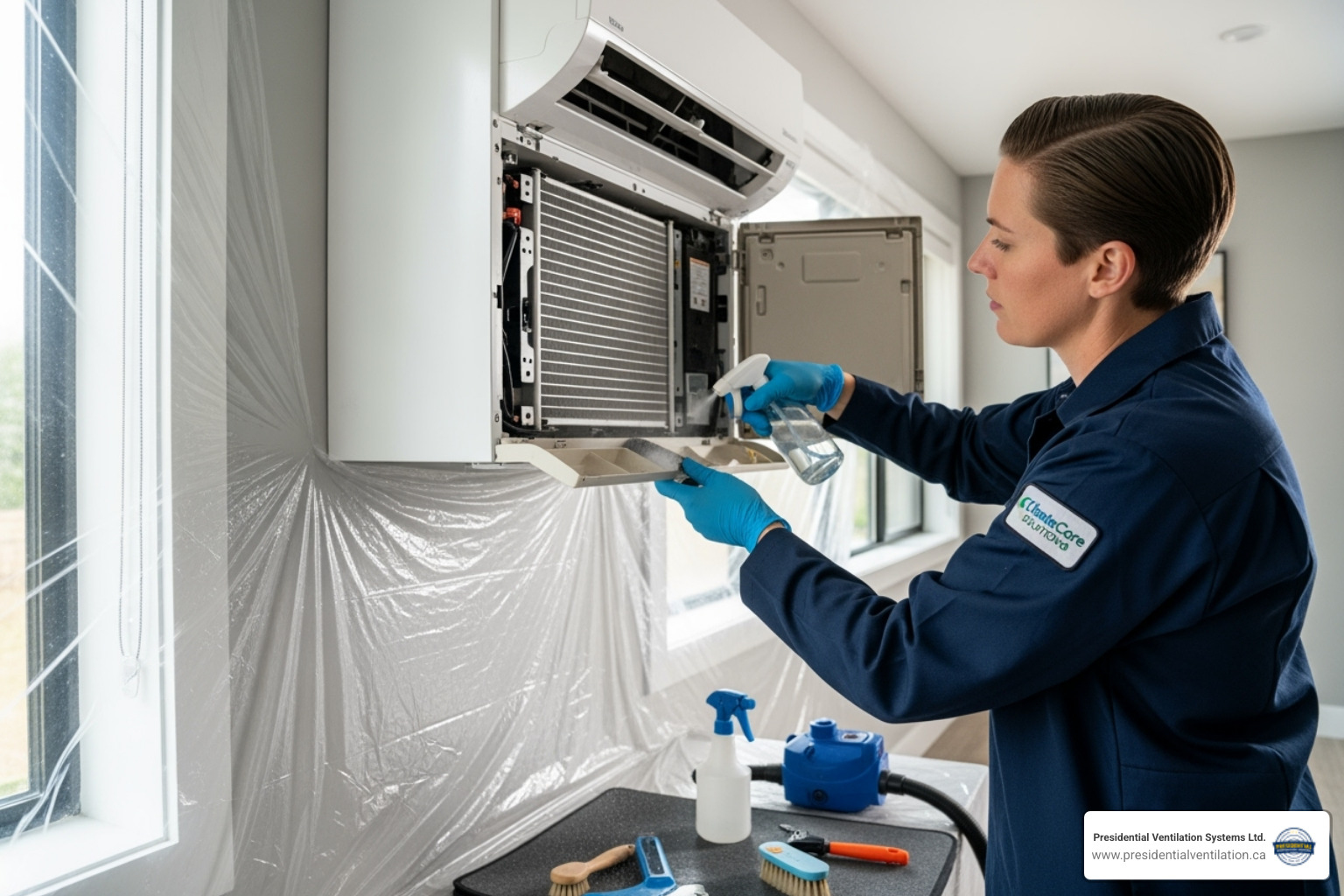 technician cleaning indoor ductless heat pump unit - affordable ductless heat pumps service in kentville ns technician cleaning indoor ductless heat pump unit - affordable ductless heat pumps service in kentville ns