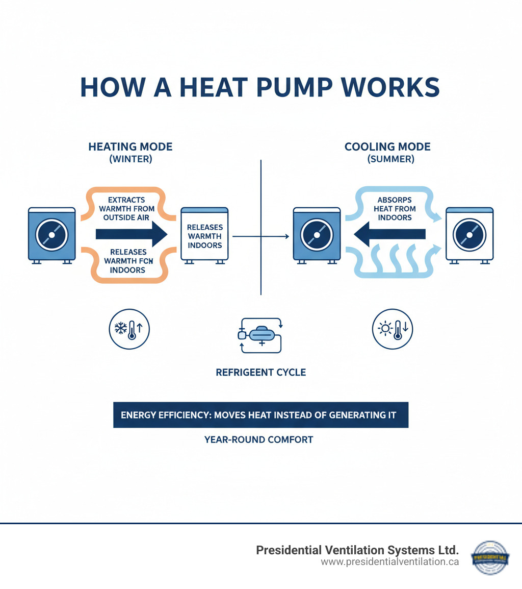 infographic showing how a heat pump transfers heat between indoor and outdoor units using refrigerant, with arrows indicating heat movement in heating mode extracting warmth from outside air and moving it indoors, and cooling mode reversing the process, highlighting the energy efficiency of moving heat rather than generating it - affordable ductless heat pumps service in kentville ns infographic infographic showing how a heat pump transfers heat between indoor and outdoor units using refrigerant, with arrows indicating heat movement in heating mode extracting warmth from outside air and moving it indoors, and cooling mode reversing the process, highlighting the energy efficiency of moving heat rather than generating it - affordable ductless heat pumps service in kentville ns infographic