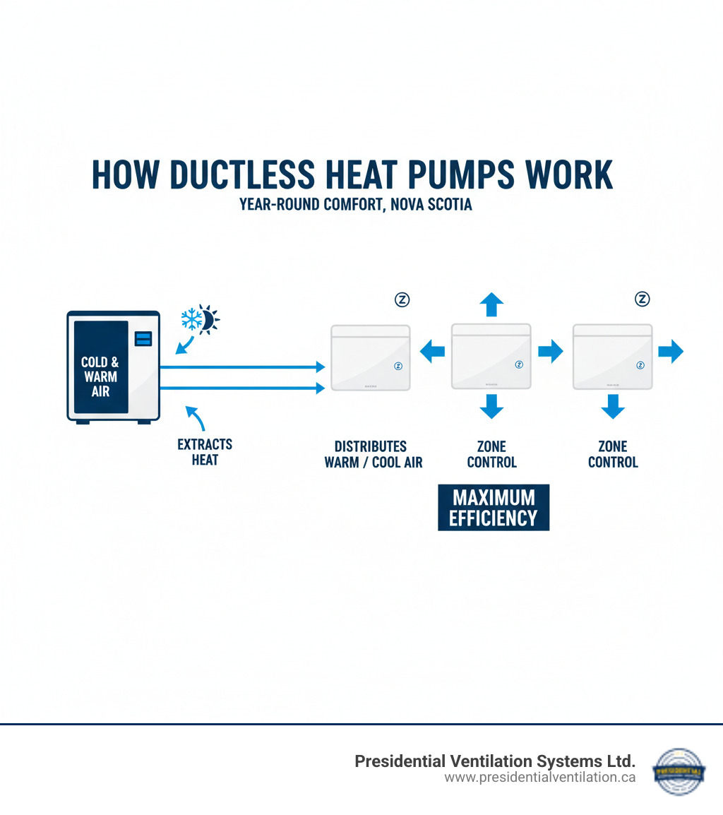 Infographic showing how ductless heat pumps work: outdoor unit extracts heat from outside air even in cold weather, transfers it through refrigerant lines to indoor wall-mounted units, which distribute warm or cool air throughout your home using zone control for maximum efficiency - ductless heat pumps service in brookfield ns infographic 