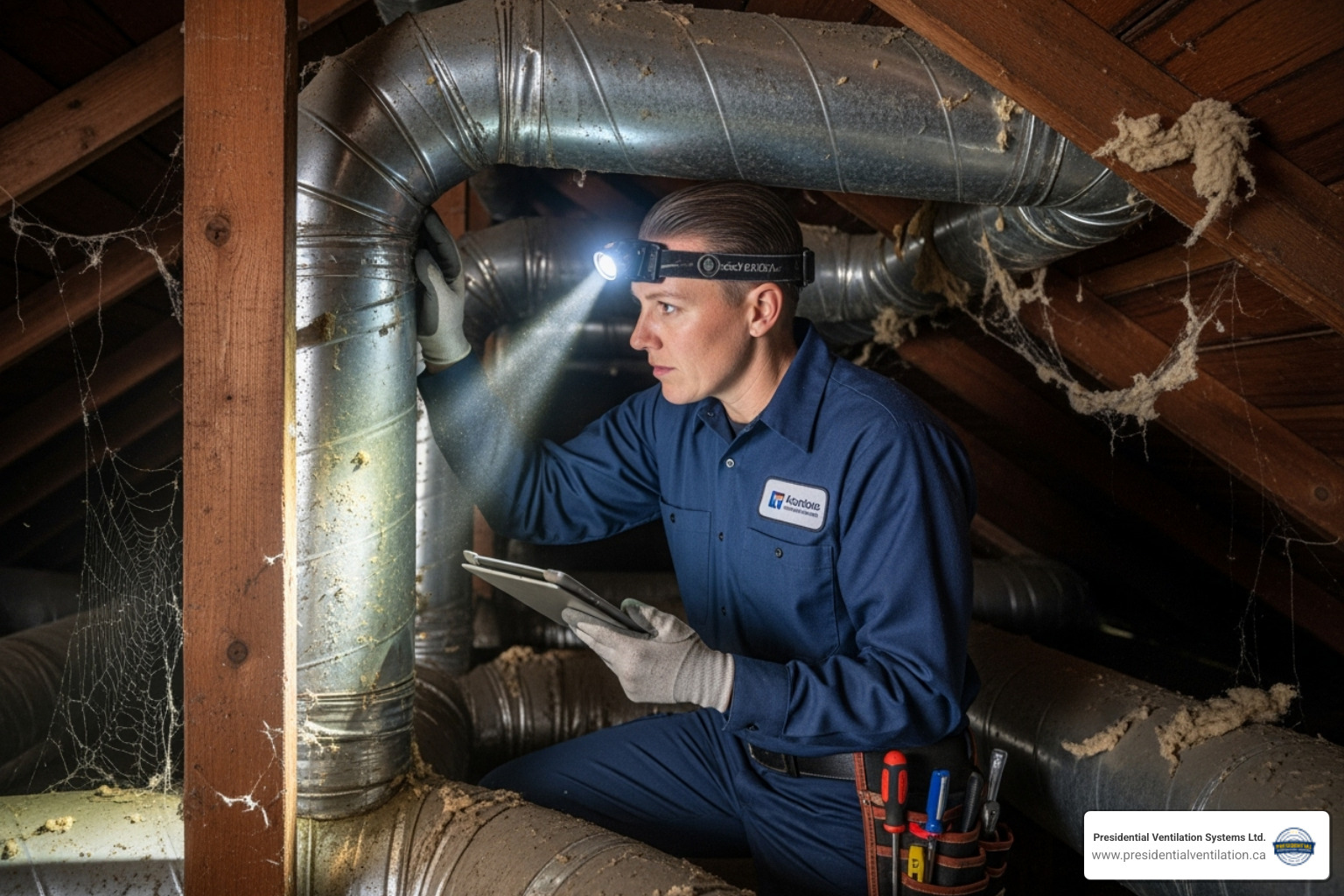 technician inspecting ductwork in an attic - furnace replacements not working in dartmouth ns