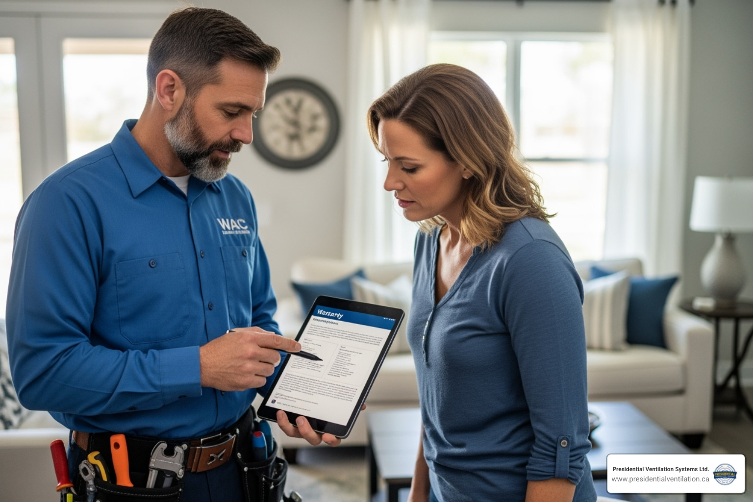 HVAC contractor showing a homeowner a warranty document - furnace replacements not working in dartmouth ns