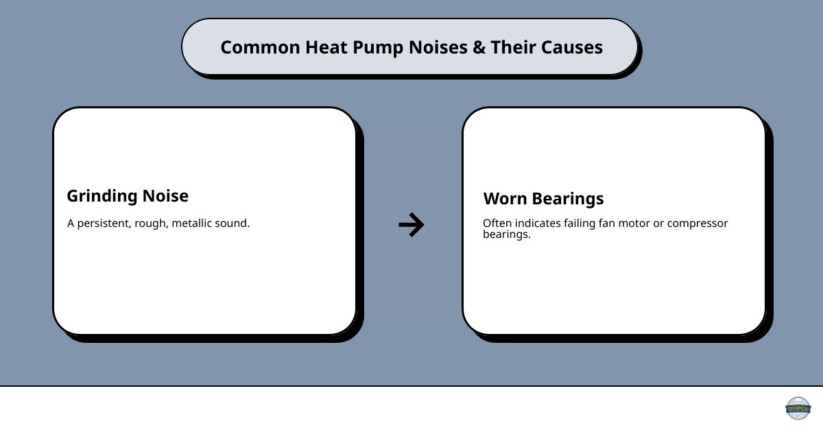 infographic showing common heat pump noises and their causes, including grinding for worn bearings, squealing for belt issues, banging for loose parts, hissing for refrigerant leaks, and clicking for electrical issues - My ducted heat pump is making a loud noise in Waverley, NS. Who can I call to fix it?" infographic cause_effect_text infographic showing common heat pump noises and their causes, including grinding for worn bearings, squealing for belt issues, banging for loose parts, hissing for refrigerant leaks, and clicking for electrical issues - My ducted heat pump is making a loud noise in Waverley, NS. Who can I call to fix it?" infographic cause_effect_text