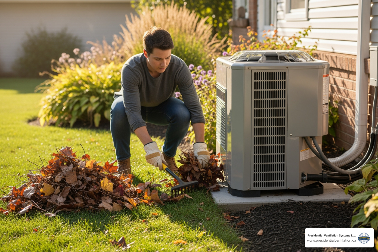 A homeowner clearing leaves and other organic debris away from the base and sides of their outdoor heat pump unit, ensuring proper airflow - "The fan on my outdoor heat pump unit stopped working. Who does heat pump fan replacement near Timberlea?" A homeowner clearing leaves and other organic debris away from the base and sides of their outdoor heat pump unit, ensuring proper airflow - "The fan on my outdoor heat pump unit stopped working. Who does heat pump fan replacement near Timberlea?"