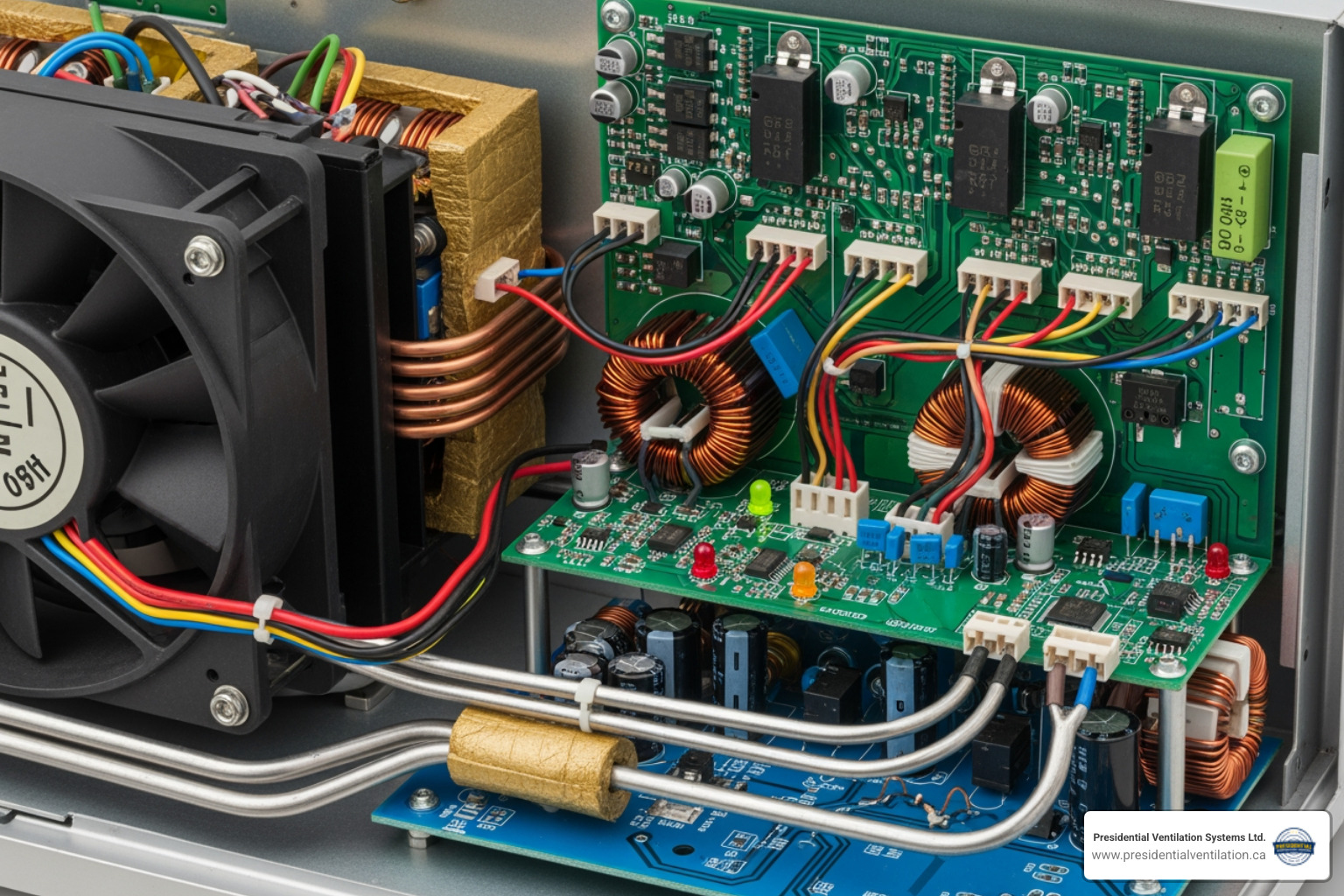 Close-up of the complex wiring and various electronic components inside an open heat pump unit, highlighting the intricate nature of the system - "The fan on my outdoor heat pump unit stopped working. Who does heat pump fan replacement near Timberlea?" Close-up of the complex wiring and various electronic components inside an open heat pump unit, highlighting the intricate nature of the system - "The fan on my outdoor heat pump unit stopped working. Who does heat pump fan replacement near Timberlea?"