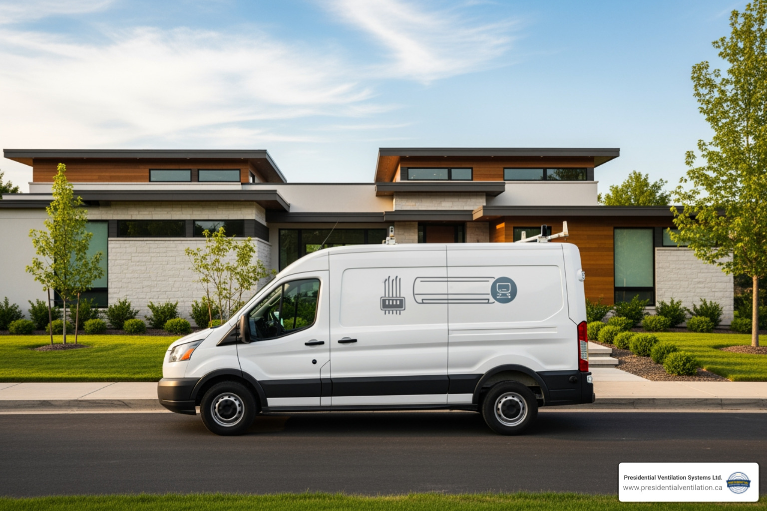 A clean, professional service van with a company logo parked in front of a residential home, ready to provide HVAC services - "The fan on my outdoor heat pump unit stopped working. Who does heat pump fan replacement near Timberlea?" A clean, professional service van with a company logo parked in front of a residential home, ready to provide HVAC services - "The fan on my outdoor heat pump unit stopped working. Who does heat pump fan replacement near Timberlea?"