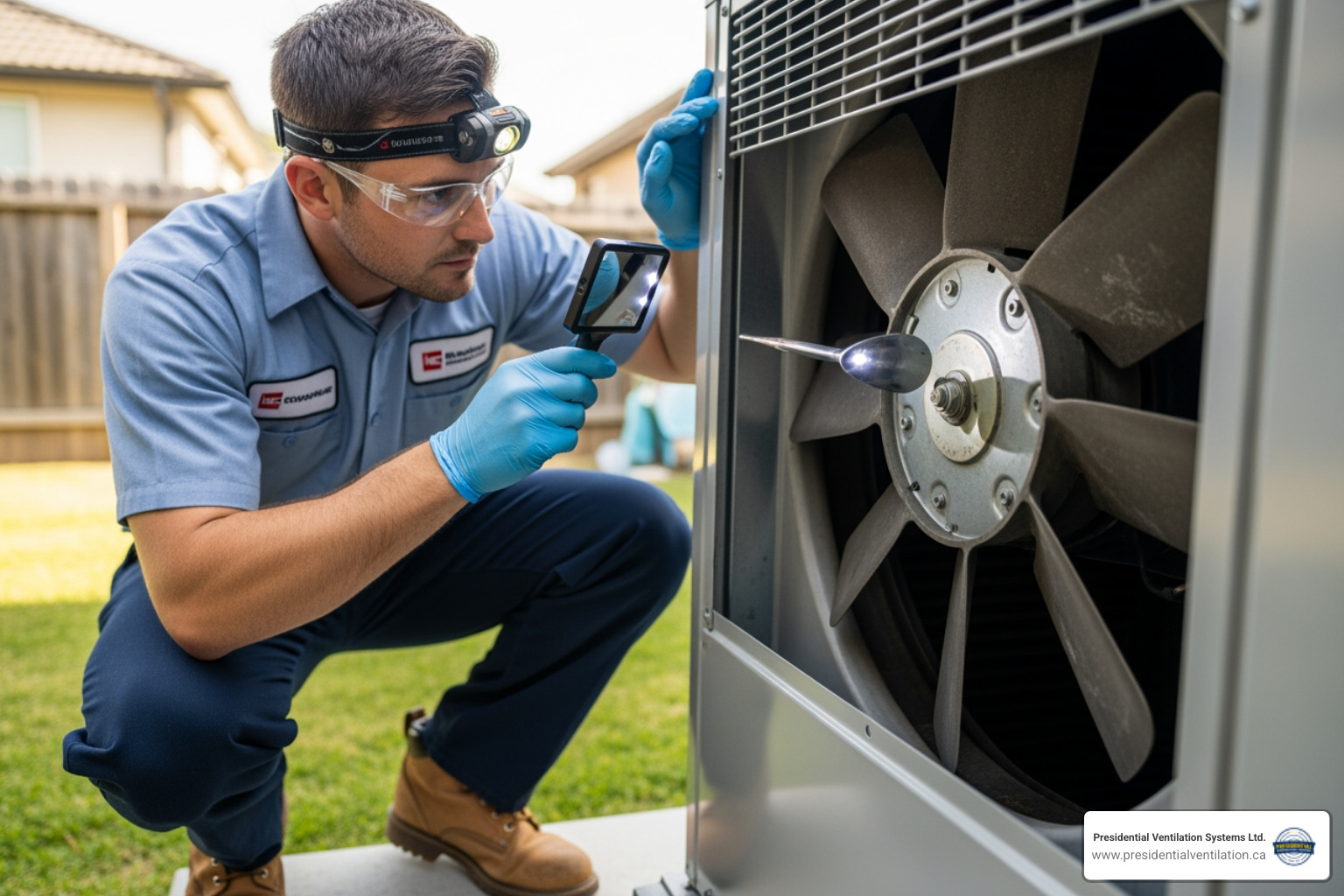 A technician carefully inspecting the fan inside an an outdoor heat pump unit, wearing gloves and safety glasses - "The fan on my outdoor heat pump unit stopped working. Who does heat pump fan replacement near Timberlea?" A technician carefully inspecting the fan inside an an outdoor heat pump unit, wearing gloves and safety glasses - "The fan on my outdoor heat pump unit stopped working. Who does heat pump fan replacement near Timberlea?"