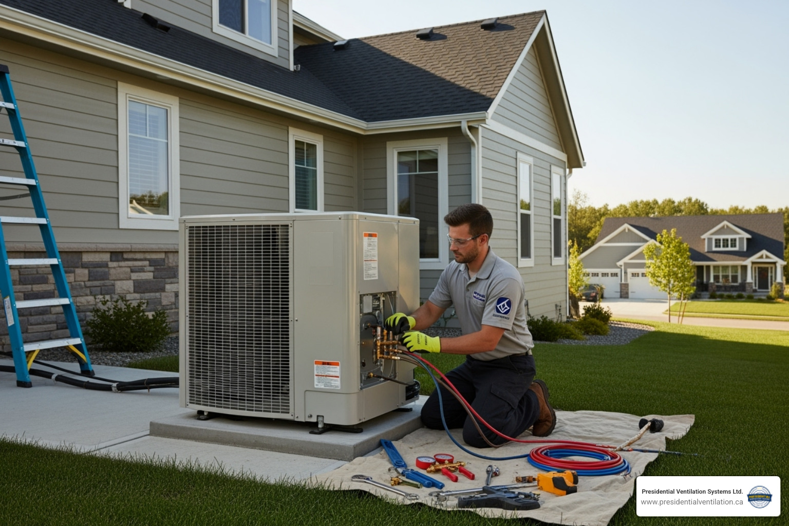 Certified technician installing an outdoor heat pump unit - oil to heat pump upgrade in halifax ns