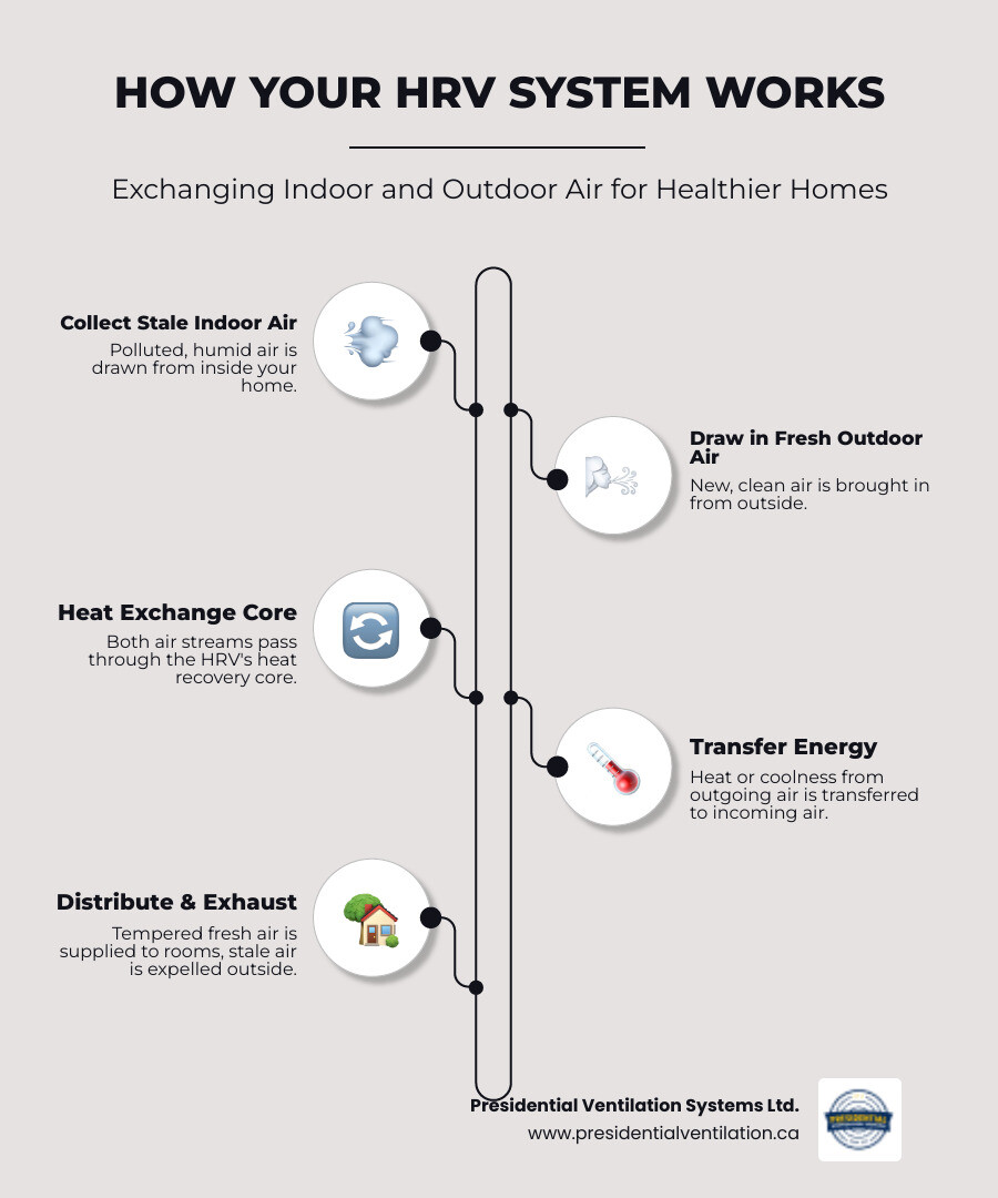 Infographic showing HRV system air flow: stale indoor air exits through one duct while fresh outdoor air enters through another, with a heat exchange core transferring warmth between the two air streams to maintain energy efficiency - I need HRV duct cleaning services in Clayton Park. Who provides this? infographic infographic-line-5-steps-elegant_beige Infographic showing HRV system air flow: stale indoor air exits through one duct while fresh outdoor air enters through another, with a heat exchange core transferring warmth between the two air streams to maintain energy efficiency - I need HRV duct cleaning services in Clayton Park. Who provides this? infographic infographic-line-5-steps-elegant_beige