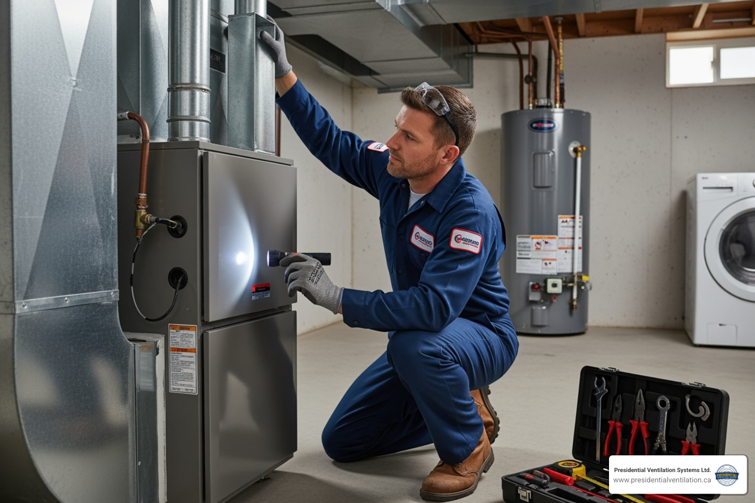 HVAC technician inspecting furnace ductwork in a Truro home - furnace replacements not working in truro ns HVAC technician inspecting furnace ductwork in a Truro home - furnace replacements not working in truro ns