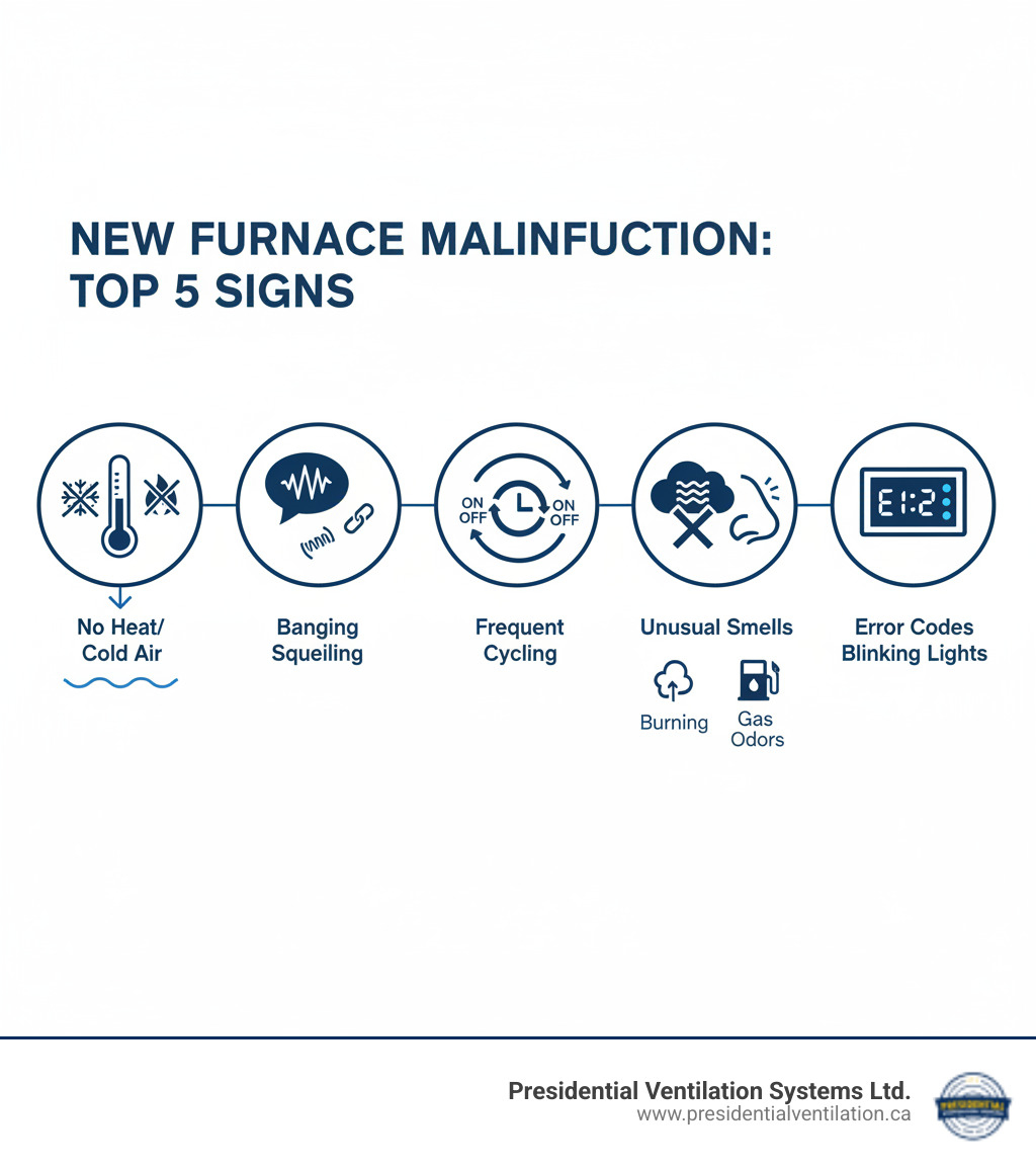 Infographic showing the top 5 signs a new furnace is malfunctioning: 1. No heat or cold air blowing from vents, 2. Strange noises like banging, squealing, or rattling, 3. Furnace cycles on and off too frequently, 4. Unusual smells including burning or gas odors, 5. Error codes displayed on the control board with blinking indicator lights - furnace replacements not working in truro ns infographic Infographic showing the top 5 signs a new furnace is malfunctioning: 1. No heat or cold air blowing from vents, 2. Strange noises like banging, squealing, or rattling, 3. Furnace cycles on and off too frequently, 4. Unusual smells including burning or gas odors, 5. Error codes displayed on the control board with blinking indicator lights - furnace replacements not working in truro ns infographic