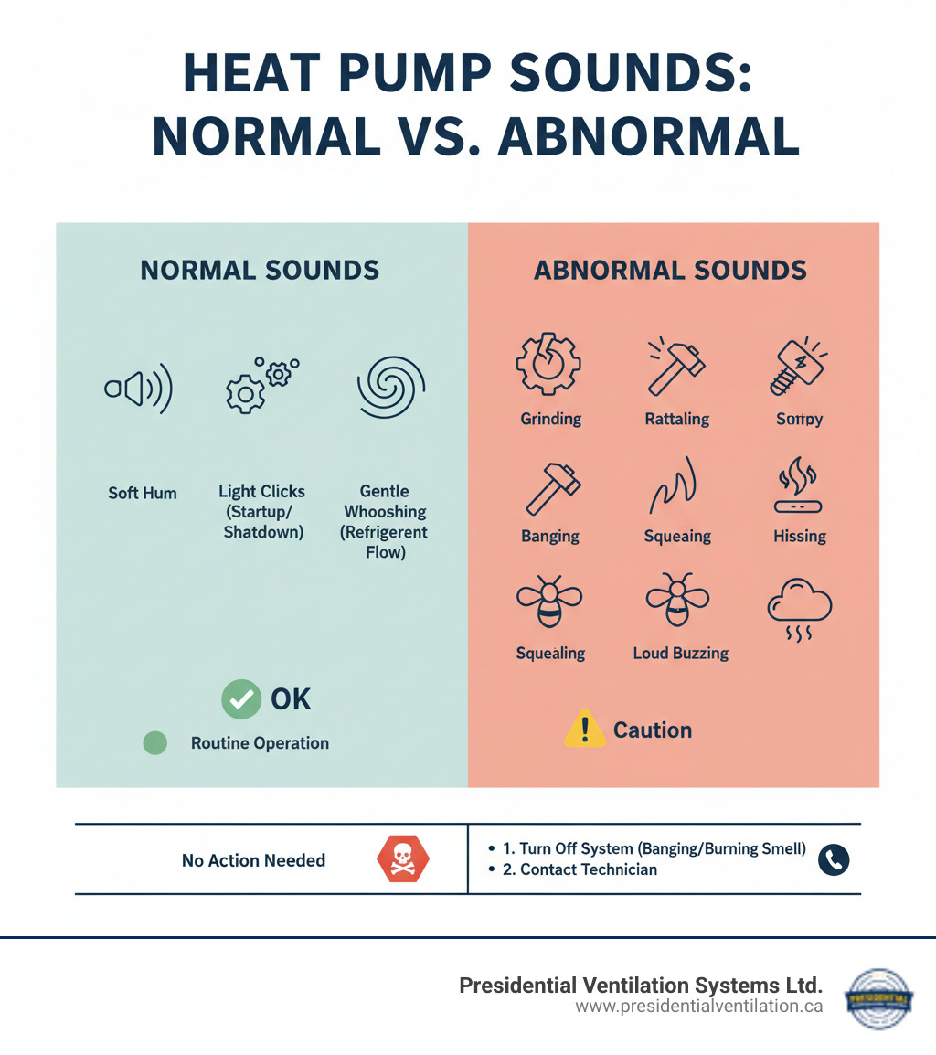 Infographic showing the difference between normal heat pump sounds (soft hum, light clicks, gentle whooshing) versus abnormal sounds (grinding, rattling, banging, squealing, loud buzzing, hissing) with visual indicators of severity and recommended actions for each type of noise - heat pumps making noise in bedford ns infographic 