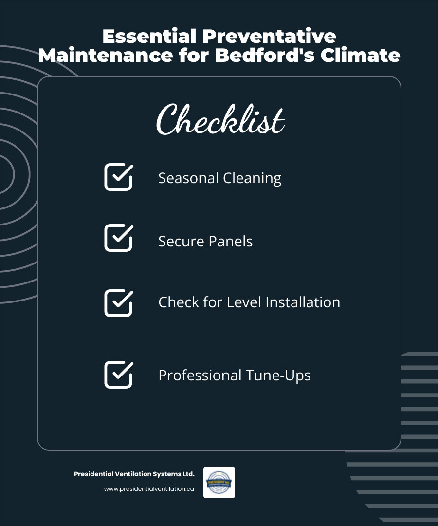 Infographic showing a seasonal heat pump maintenance checklist for Bedford NS climate - heat pumps making noise in bedford ns infographic checklist-dark-blue