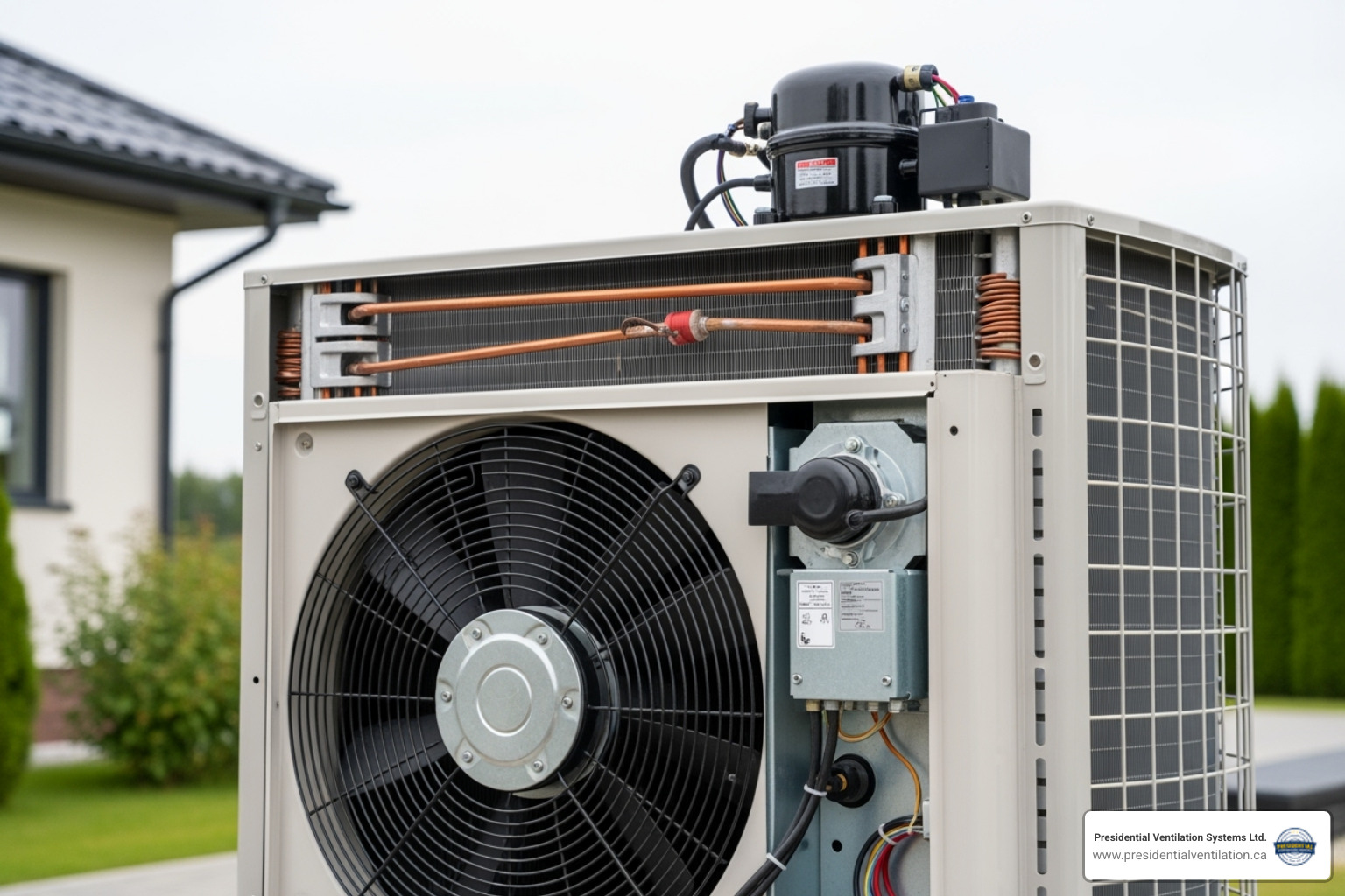 heat pump outdoor unit with fan, compressor, and coils highlighted - heat pumps making noise in bedford ns