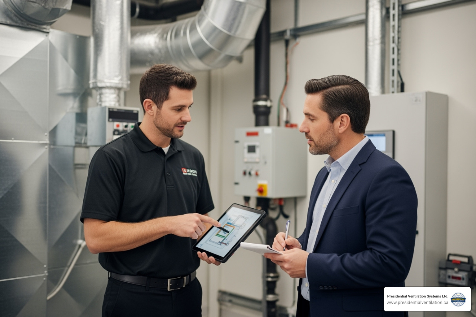 technician consulting with a business owner in Cole Harbour - affordable heat pumps service in cole harbour ns