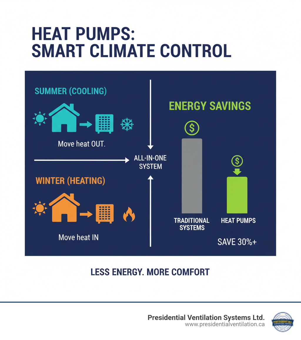 infographic showing how heat pumps provide heating and cooling while reducing energy consumption compared to traditional systems, with arrows indicating heat transfer in summer and winter modes, and a comparison chart of energy costs - affordable heat pumps service in cole harbour ns infographic 