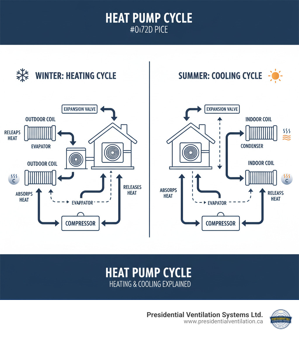 infographic showing heat pump heating cycle with refrigerant flow from outdoor to indoor unit in winter, and cooling cycle with reverse flow in summer, including compressor, evaporator coil, condenser coil, and expansion valve components - heat pumps not working in kentville ns infographic infographic showing heat pump heating cycle with refrigerant flow from outdoor to indoor unit in winter, and cooling cycle with reverse flow in summer, including compressor, evaporator coil, condenser coil, and expansion valve components - heat pumps not working in kentville ns infographic