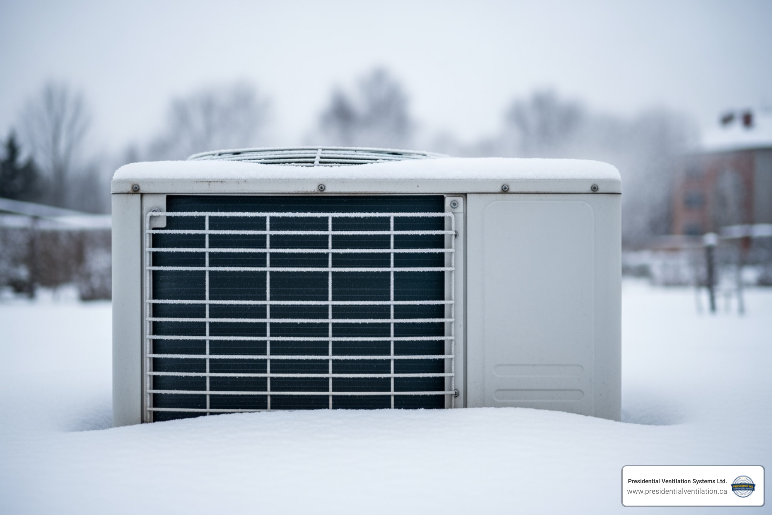 A heat pump's outdoor unit with a light coating of frost on a cold day, surrounded by a thin layer of snow - heat pumps not working in truro ns