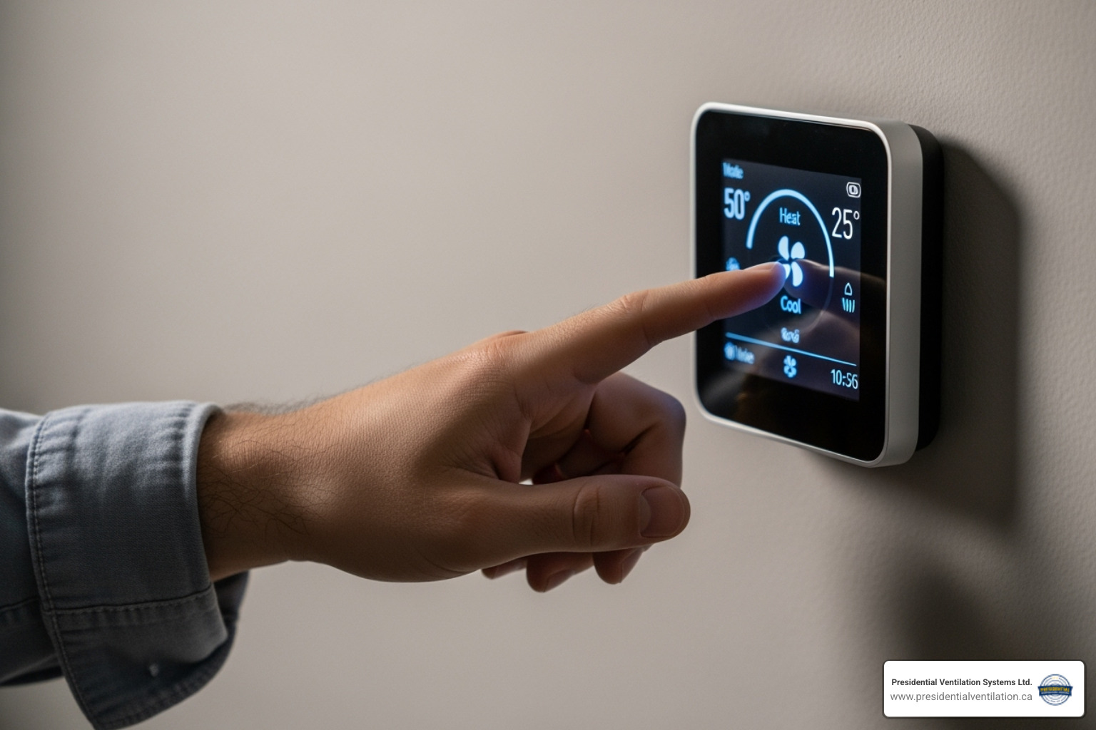 A person's hand adjusting a digital thermostat on a wall - heat pumps not working in truro ns