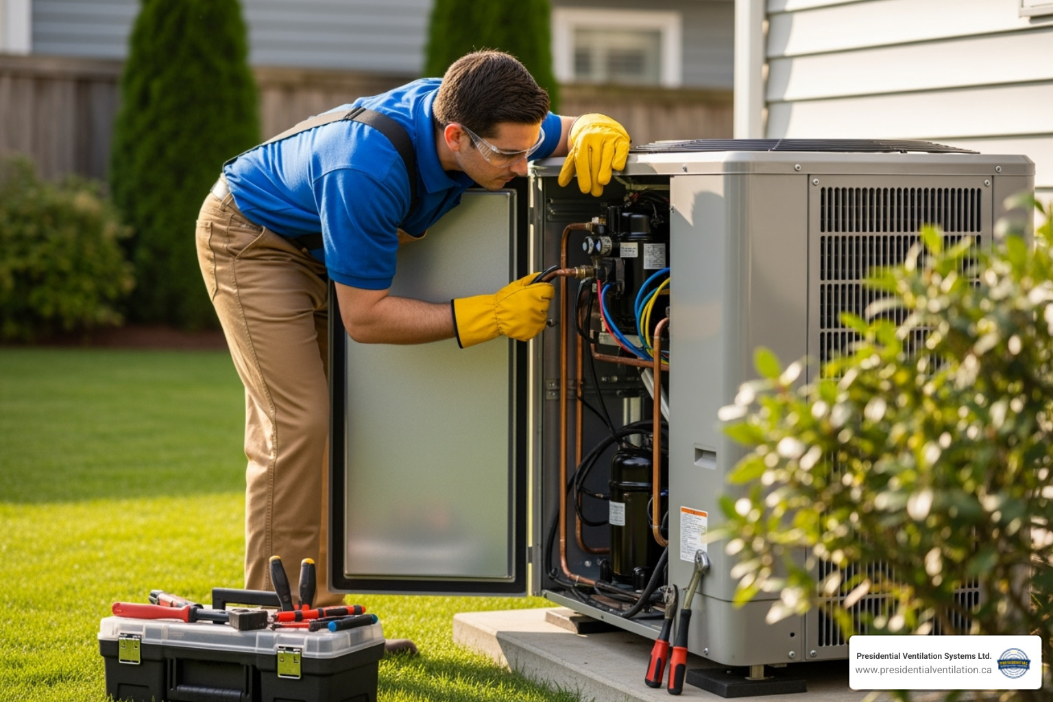 A professional HVAC technician wearing gloves and safety glasses inspecting the internal components of an outdoor heat pump unit - heat pumps not working in truro ns