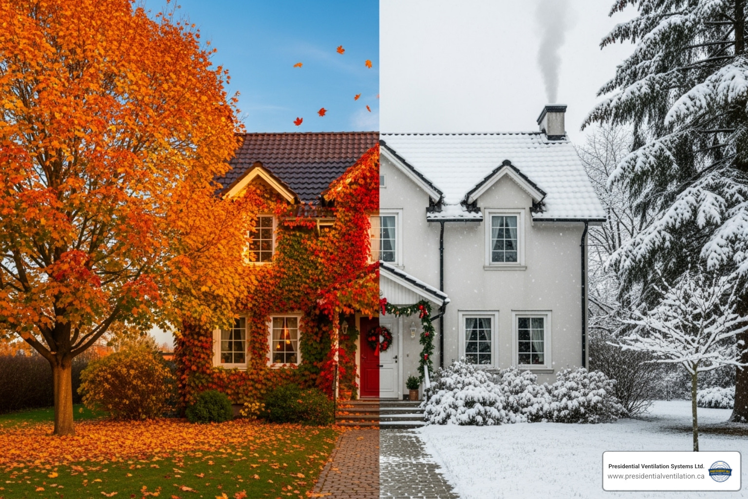 Image of the changing seasons in Nova Scotia, like a house with fall leaves and another with light snow - heat pumps tune-up in mount uniacke ns Image of the changing seasons in Nova Scotia, like a house with fall leaves and another with light snow - heat pumps tune-up in mount uniacke ns