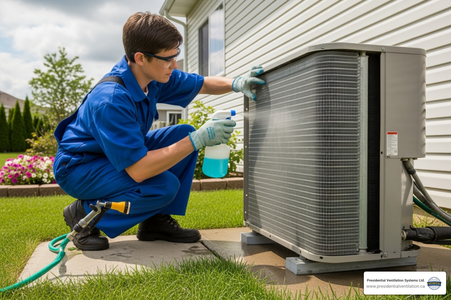 Image of a technician carefully cleaning the coils of an outdoor heat pump unit - heat pumps tune-up in mount uniacke ns Image of a technician carefully cleaning the coils of an outdoor heat pump unit - heat pumps tune-up in mount uniacke ns