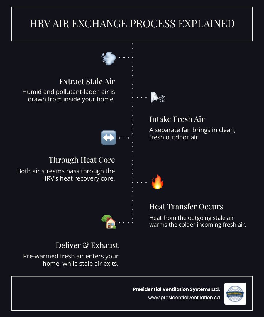 Infographic showing HRV air exchange process with stale air exiting and fresh air entering through a heat exchange core, arrows indicating heat transfer between airstreams - heat recovery ventilator installation in halifax ns infographic infographic-line-5-steps-dark