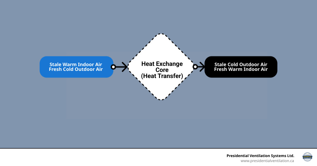 Infographic showing the heat exchange process in an HRV system with two airstreams passing through a core, one labeled stale warm air out and one labeled fresh cold air in, with arrows indicating heat transfer between them - hrv systems broken in ellershouse ns infographic flowmap_simple Infographic showing the heat exchange process in an HRV system with two airstreams passing through a core, one labeled stale warm air out and one labeled fresh cold air in, with arrows indicating heat transfer between them - hrv systems broken in ellershouse ns infographic flowmap_simple