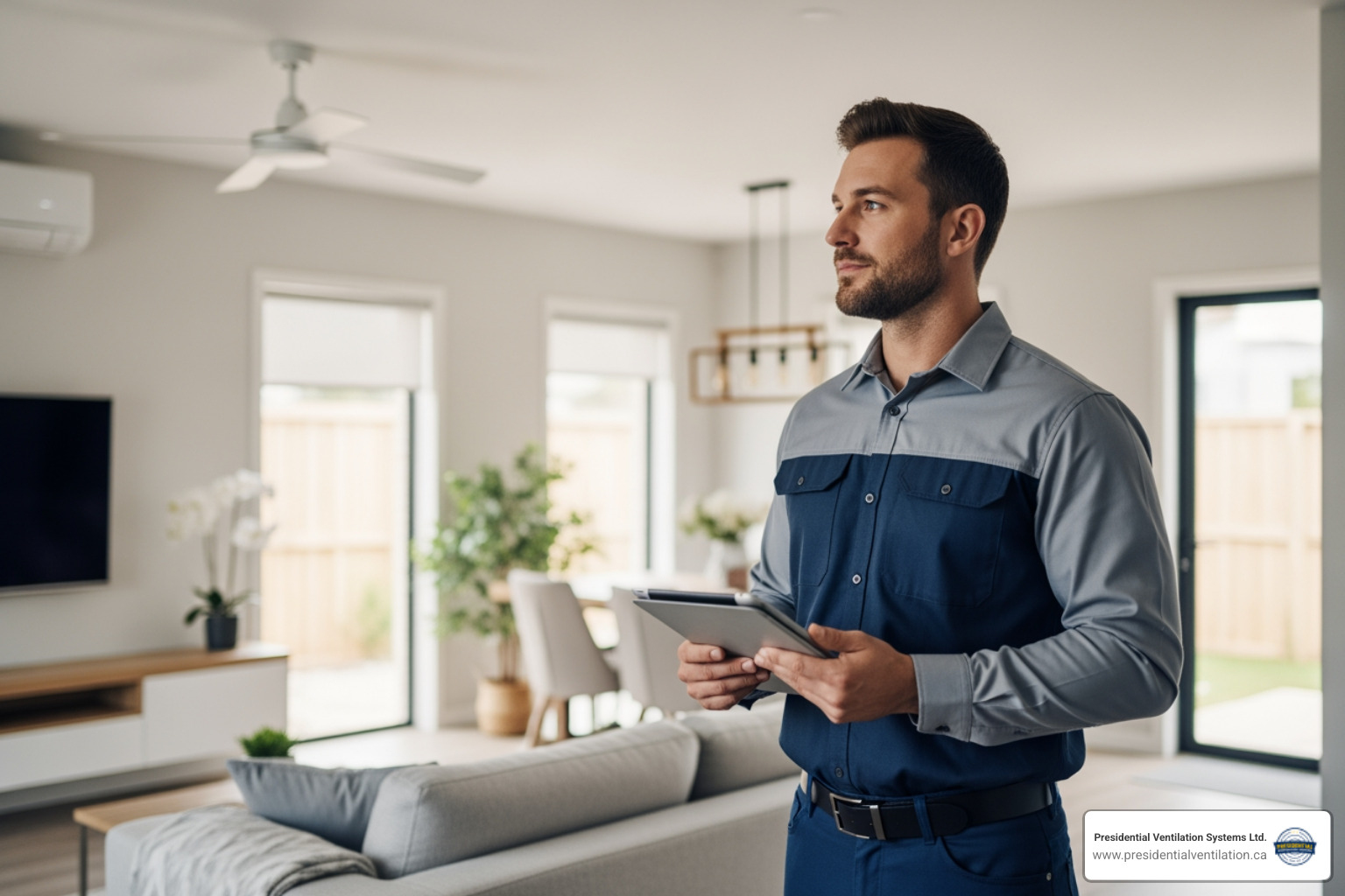 of a technician assessing a home's layout for a heat pump installation - whole home heat pump in wolfville ns of a technician assessing a home's layout for a heat pump installation - whole home heat pump in wolfville ns