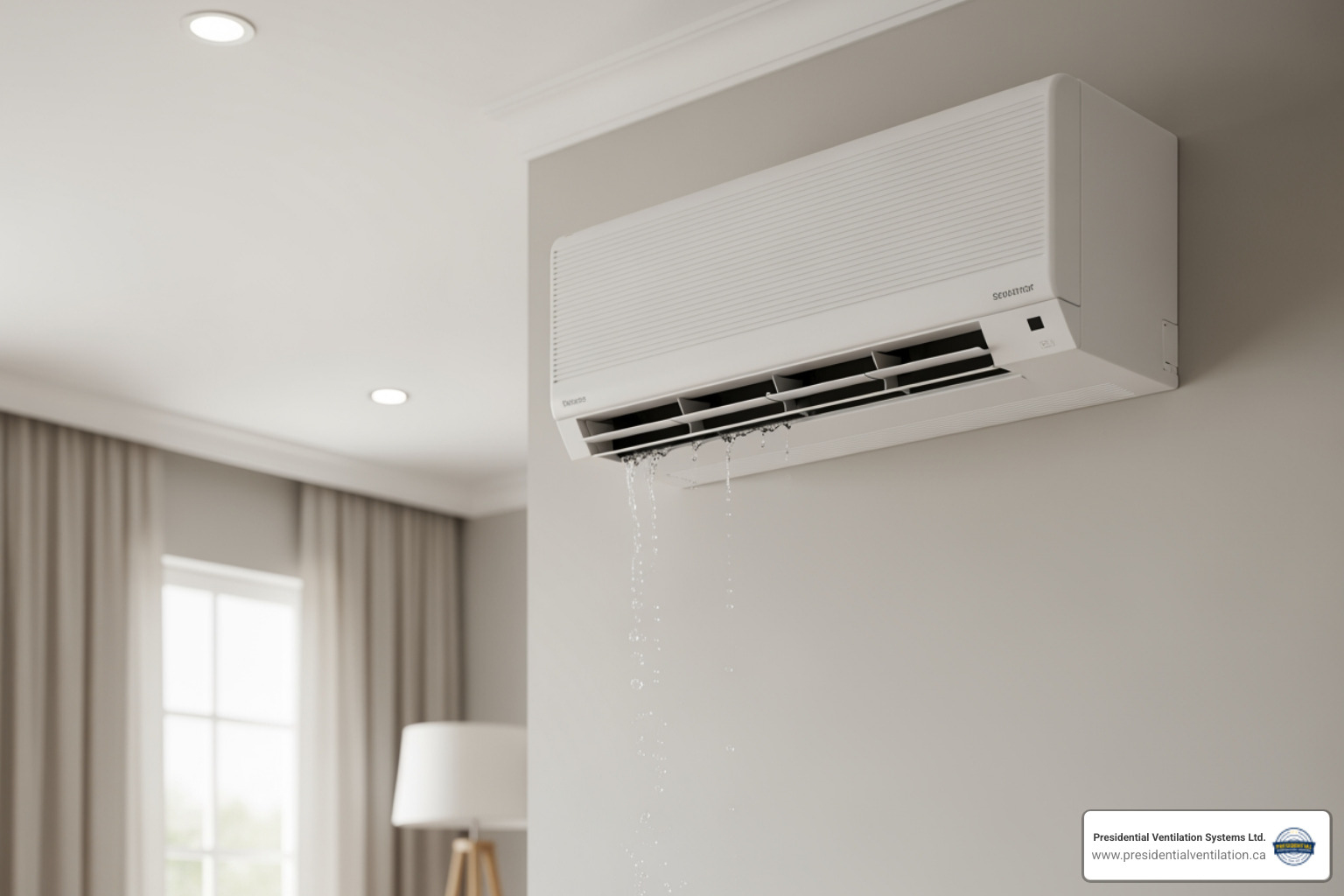 Infographic showing the top 5 warning signs your mini-split needs emergency repair: strange noises from indoor or outdoor unit, no airflow or weak airflow, ice buildup on outdoor unit, water leaking inside your home, and system not responding to thermostat commands - 24 hour mini-split heat pump repair in bedford, ns