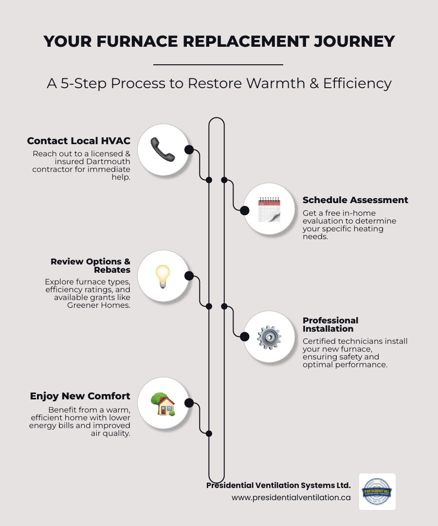 infographic showing the furnace replacement process: 1. Contact local HVAC contractor, 2. Schedule free home assessment, 3. Review system options and rebates, 4. Schedule installation, 5. Enjoy improved comfort and efficiency - My furnace stopped working. Who can I call for furnace replacements in Dartmouth, NS? infographic infographic-line-5-steps-elegant_beige