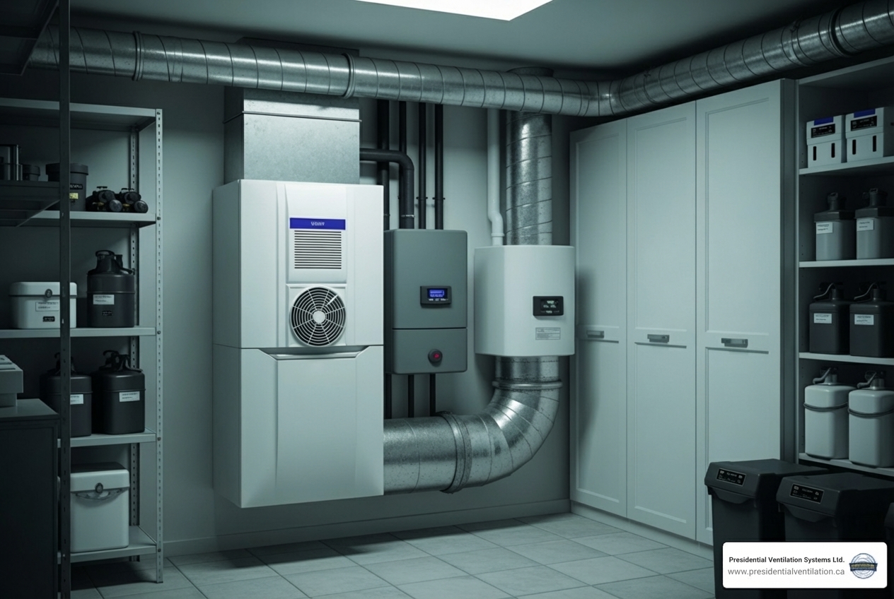 infographic showing how an HRV system works with two air streams exchanging heat through a core while keeping stale air and fresh air separate, with arrows indicating airflow direction and heat transfer - hrv maintenance bedford ns infographic showing how an HRV system works with two air streams exchanging heat through a core while keeping stale air and fresh air separate, with arrows indicating airflow direction and heat transfer - hrv maintenance bedford ns