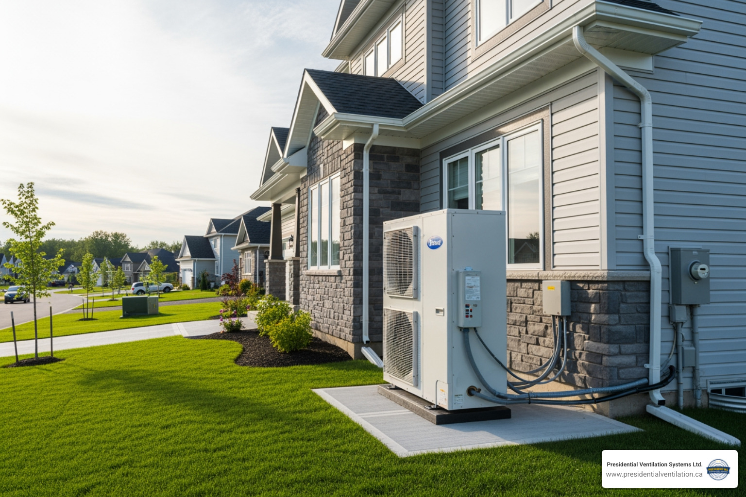 infographic showing the benefits of central heat pump installation including year-round comfort, energy savings of 60-70%, quiet operation, improved air quality through advanced filtration, and cold-climate performance down to -25 degrees Celsius - central heat pump installation bedford ns