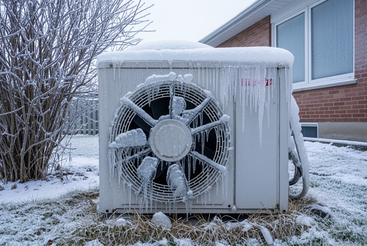 Infographic showing emergency heat pump symptoms: complete system shutdown with no power, strange grinding or squealing noises from indoor or outdoor units, thick ice buildup covering outdoor coil, burning smell from vents, weak or no airflow despite system running, and thermostat unresponsive or displaying error codes. Each symptom labeled as requiring immediate professional attention with 24-7 emergency service contact information - emergency central heat pump maintenance in bedford, ns