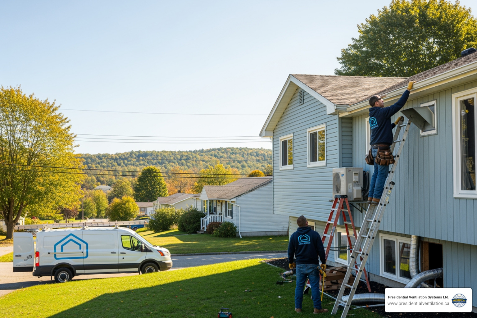 infographic showing how an HRV system works with arrows depicting stale air leaving the home, fresh air entering, and heat transfer happening in the core unit, with labels for improved air quality and energy savings - affordable hrv installation in mount uniacke, ns