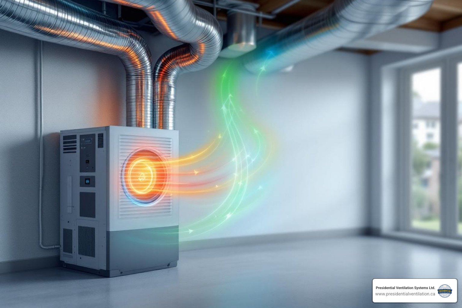 Infographic showing how an HRV system works: fresh outdoor air enters through one duct, stale indoor air exits through another, and heat is transferred between the two air streams in the HRV core without mixing them, maintaining energy efficiency while providing continuous ventilation - affordable hrv installation in lower sackville, ns Infographic showing how an HRV system works: fresh outdoor air enters through one duct, stale indoor air exits through another, and heat is transferred between the two air streams in the HRV core without mixing them, maintaining energy efficiency while providing continuous ventilation - affordable hrv installation in lower sackville, ns