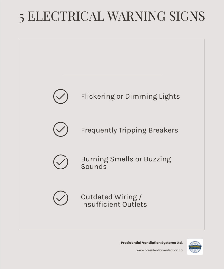Infographic showing 5 warning signs your electrical system needs a professional check-up: flickering lights, frequently tripping breakers, burning smells from outlets, buzzing sounds, and insufficient outlets for modern needs - electrical bedford ns infographic checklist-light-beige
