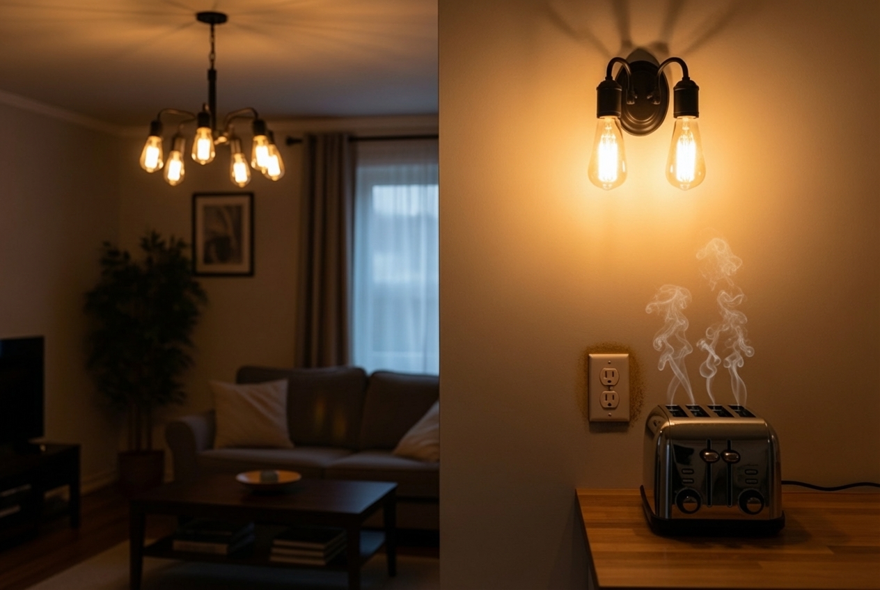 infographic showing warning signs of electrical problems including flickering lights, frequent breaker trips, buzzing outlets, burning smells, and dimming lights when appliances turn on - electrical in lower sackville, ns