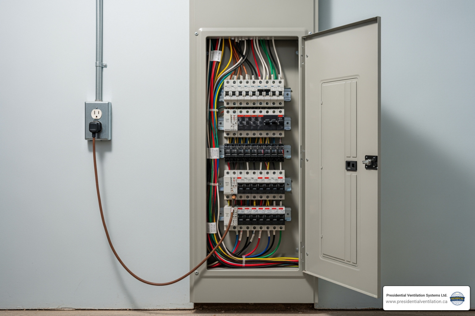 Infographic showing residential electrical service types: panel upgrades with circuit breaker illustration, renovation wiring with house cross-section, lighting installation with various fixture types, EV charger installation with car and charging station, and generator panel with backup power icon - residential electrical in bedford, ns