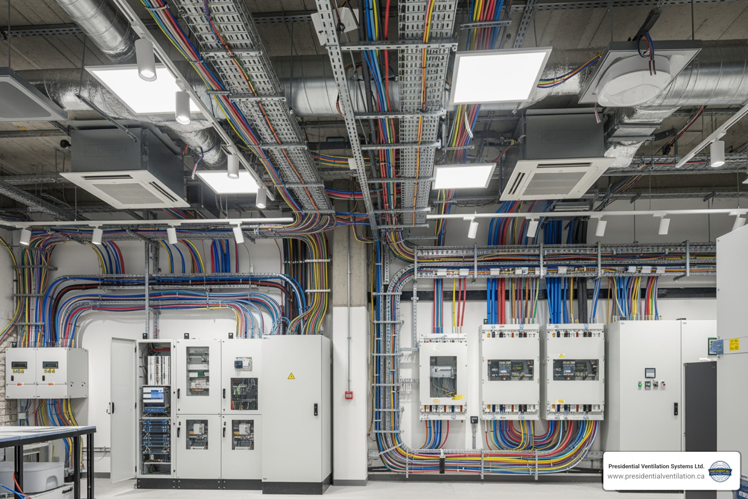 Infographic showing the essential components of a commercial electrical system: main service panel receiving power from utility, multiple sub-panels distributing electricity to different building zones, circuit wiring running throughout the facility, dedicated circuits for high-demand equipment, interior and exterior lighting systems, and specialized connections for HVAC, computers, and security systems, all interconnected to show power flow - commercial electrical in indigo shores, ns
